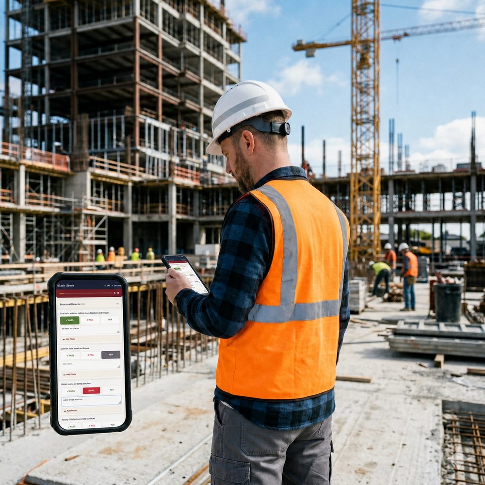Ingeniero de obra ejecutando una lista de inspección Blackstone en el móvil en una obra activa
